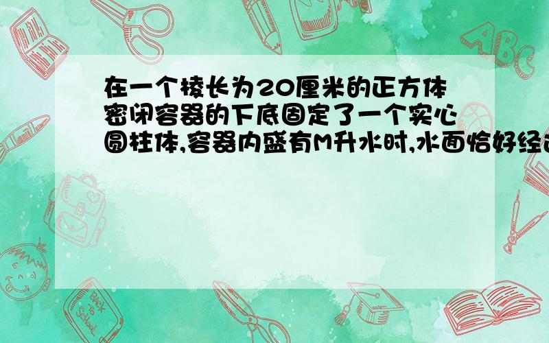 在一个棱长为20厘米的正方体密闭容器的下底固定了一个实心圆柱体,容器内盛有M升水时,水面恰好经过圆柱