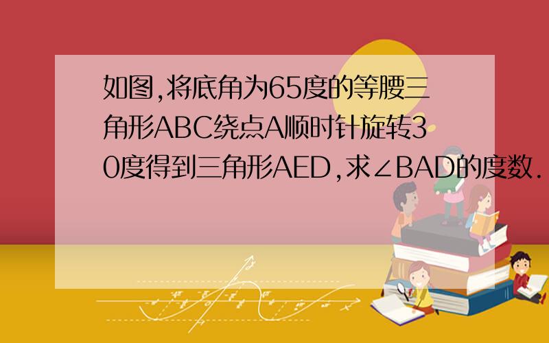 如图,将底角为65度的等腰三角形ABC绕点A顺时针旋转30度得到三角形AED,求∠BAD的度数.