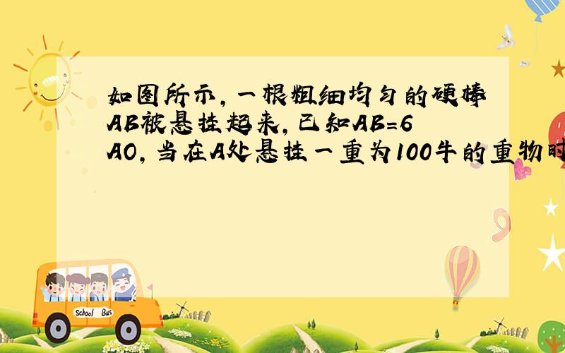 如图所示，一根粗细均匀的硬棒AB被悬挂起来，已知AB=6AO，当在A处悬挂一重为100牛的重物时，杠杆恰好平衡，杠杆自身