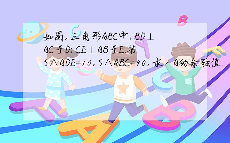 如图,三角形ABC中,BD⊥AC于D；CE⊥AB于E.若S△ADE=10,S△ABC=90,求∠A的余弦值.