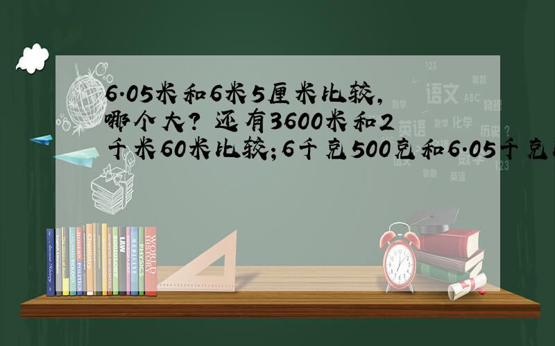 6.05米和6米5厘米比较,哪个大? 还有3600米和2千米60米比较；6千克500克和6.05千克比较；哪个大?