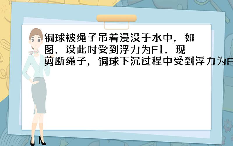 铜球被绳子吊着浸没于水中，如图，设此时受到浮力为F1，现剪断绳子，铜球下沉过程中受到浮力为F2，当铜球在底部静止时受到的