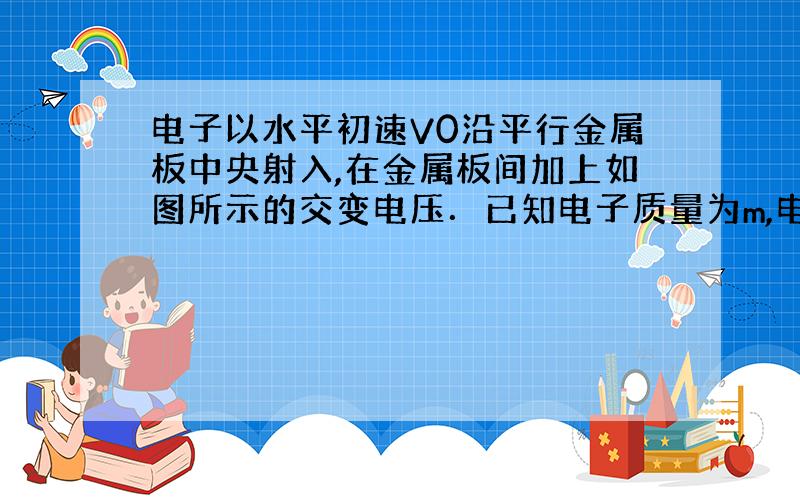 电子以水平初速V0沿平行金属板中央射入,在金属板间加上如图所示的交变电压．已知电子质量为m,电量为e,电压周期为T,电压