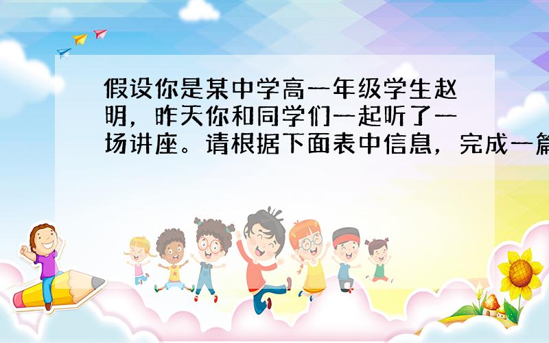 假设你是某中学高一年级学生赵明，昨天你和同学们一起听了一场讲座。请根据下面表中信息，完成一篇短文，并向校刊投稿。