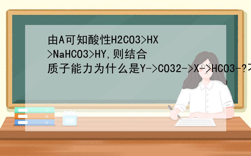 由A可知酸性H2CO3>HX>NaHCO3>HY,则结合质子能力为什么是Y->CO32->X->HCO3-?不是应该是Y