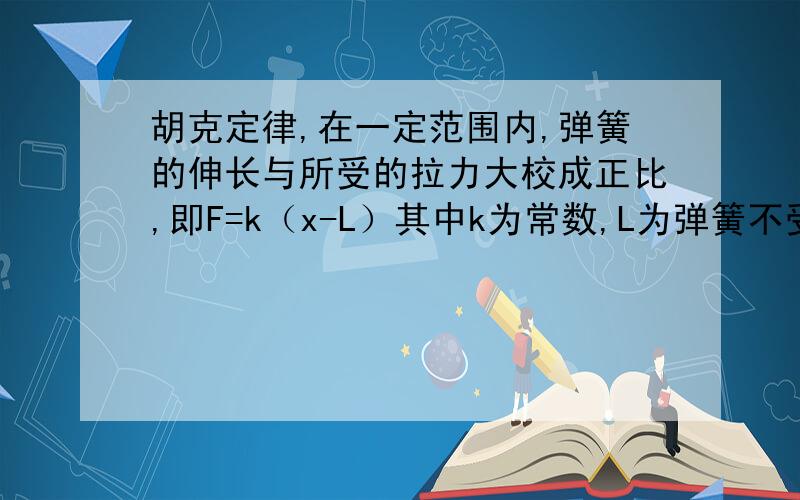 胡克定律,在一定范围内,弹簧的伸长与所受的拉力大校成正比,即F=k（x-L）其中k为常数,L为弹簧不受力时的自然长度,x