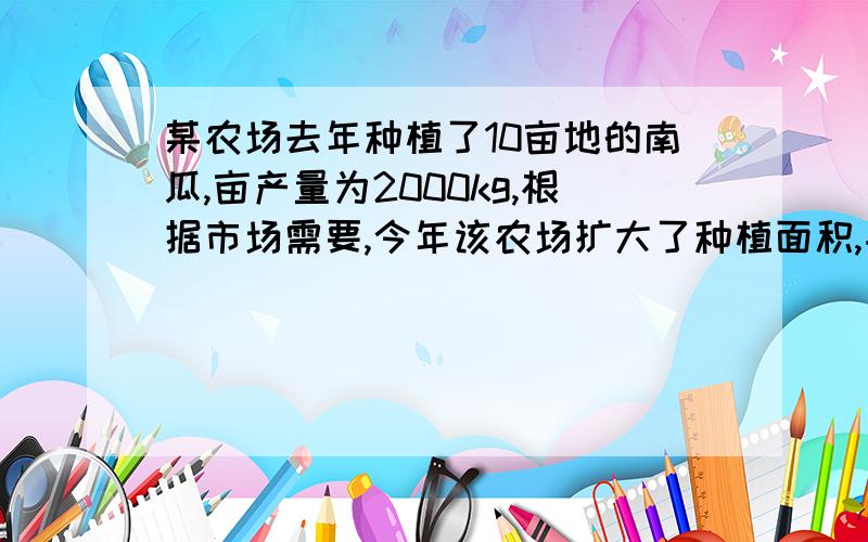 某农场去年种植了10亩地的南瓜,亩产量为2000kg,根据市场需要,今年该农场扩大了种植面积,并且全部种植了高产的新品种