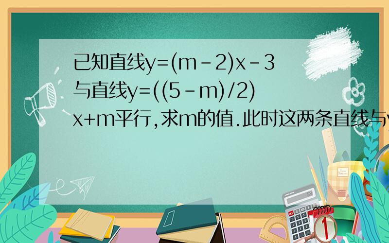 已知直线y=(m-2)x-3与直线y=((5-m)/2)x+m平行,求m的值.此时这两条直线与y轴的交点在位置上有何特点