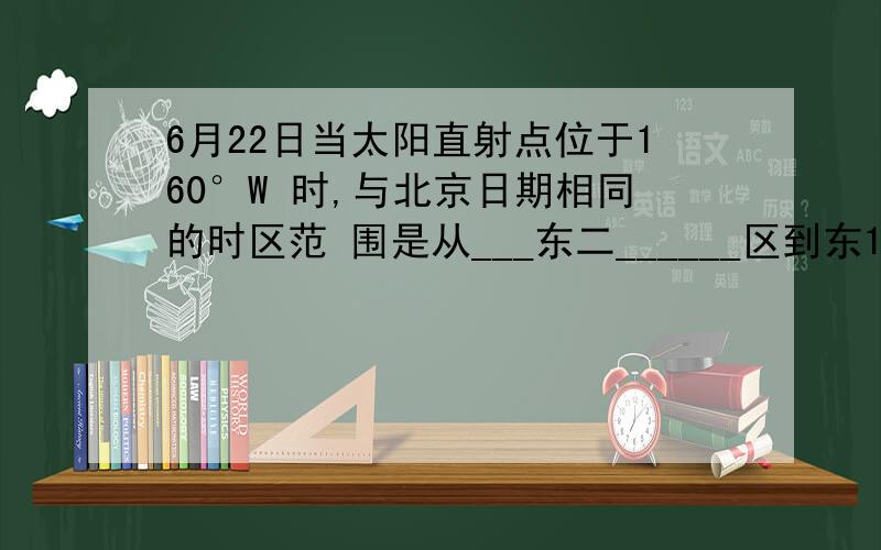 6月22日当太阳直射点位于160°W 时,与北京日期相同的时区范 围是从___东二______区到东12区