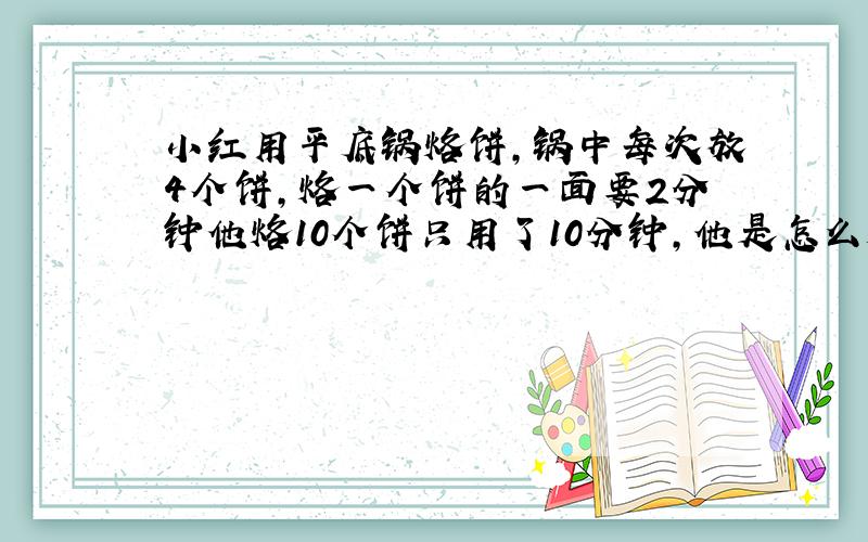 小红用平底锅烙饼,锅中每次放4个饼,烙一个饼的一面要2分钟他烙10个饼只用了10分钟,他是怎么烙的?