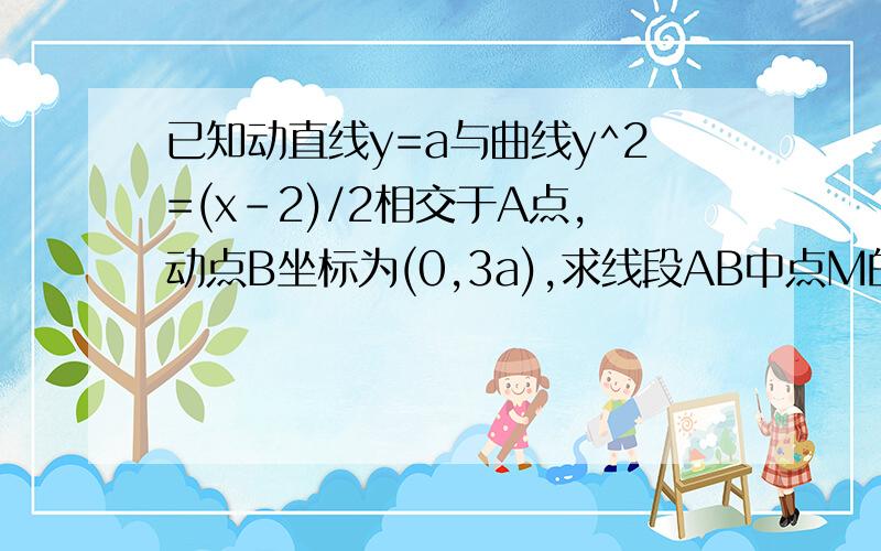 已知动直线y=a与曲线y^2=(x-2)/2相交于A点,动点B坐标为(0,3a),求线段AB中点M的轨