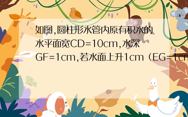 如图,圆柱形水管内原有积水的水平面宽CD=10cm,水深GF=1cm,若水面上升1cm（EG=1cm）,则此时水面宽AB