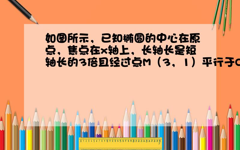 如图所示，已知椭圆的中心在原点，焦点在x轴上，长轴长是短轴长的3倍且经过点M（3，1）平行于OM的直线l在y轴上的截距为