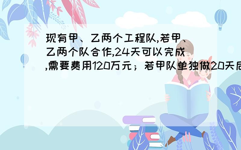 现有甲、乙两个工程队,若甲、乙两个队合作,24天可以完成,需要费用120万元；若甲队单独做20天后,