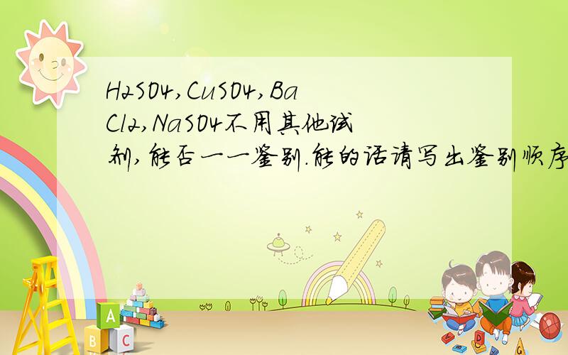 H2SO4,CuSO4,BaCl2,NaSO4不用其他试剂,能否一一鉴别.能的话请写出鉴别顺序,不能请说明理由.