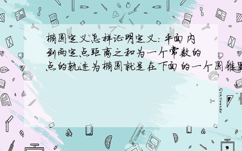 椭圆定义怎样证明定义：平面内到两定点距离之和为一个常数的点的轨迹为椭圆就是在下面的一个圆锥里塞两个球,与椭圆相切,然后在