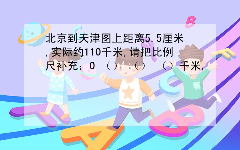 北京到天津图上距离5.5厘米,实际约110千米,请把比例尺补充：0 （） （） （）千米,