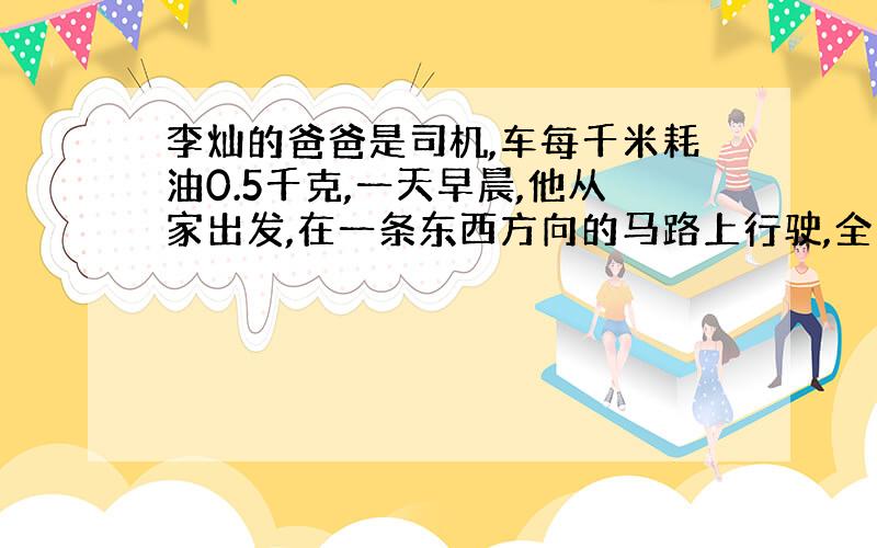 李灿的爸爸是司机,车每千米耗油0.5千克,一天早晨,他从家出发,在一条东西方向的马路上行驶,全天的行驶过程