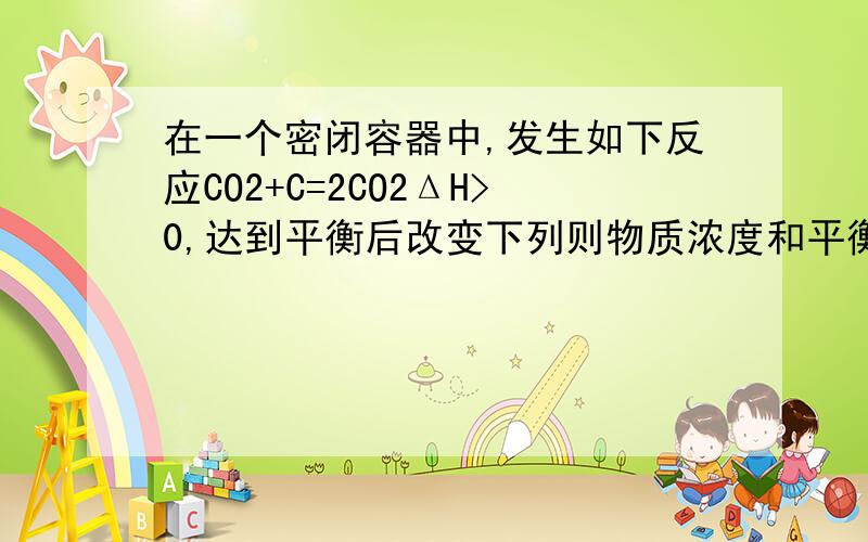 在一个密闭容器中,发生如下反应CO2+C=2CO2ΔH>0,达到平衡后改变下列则物质浓度和平衡怎样移动 1.增加C 2.