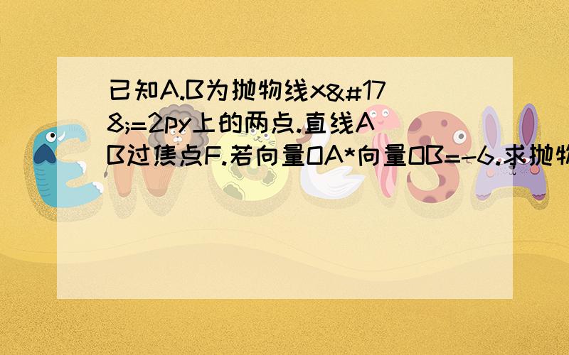 已知A.B为抛物线x²=2py上的两点.直线AB过焦点F.若向量OA*向量OB=-6.求抛物线方程