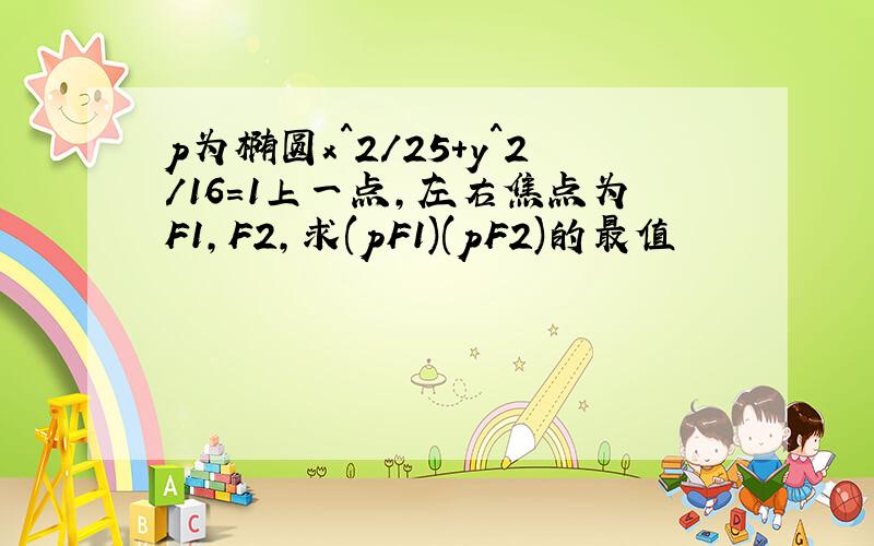 p为椭圆x^2/25+y^2/16=1上一点,左右焦点为F1,F2,求(pF1)(pF2)的最值