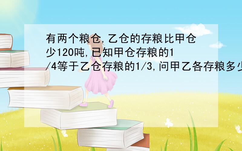 有两个粮仓,乙仓的存粮比甲仓少120吨,已知甲仓存粮的1/4等于乙仓存粮的1/3,问甲乙各存粮多少?