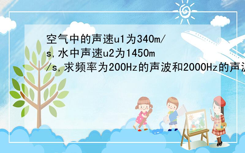 空气中的声速u1为340m/s,水中声速u2为1450m/s,求频率为200Hz的声波和2000Hz的声波在空气中和水中