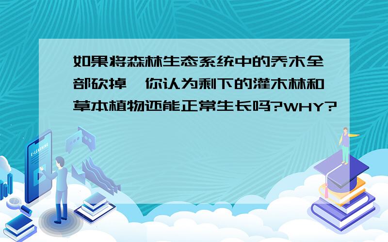 如果将森林生态系统中的乔木全部砍掉,你认为剩下的灌木林和草本植物还能正常生长吗?WHY?