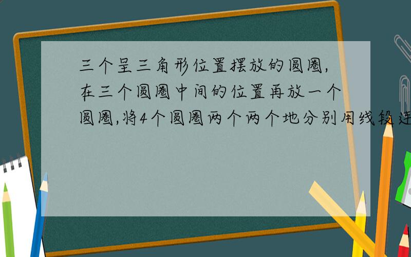 三个呈三角形位置摆放的圆圈,在三个圆圈中间的位置再放一个圆圈,将4个圆圈两个两个地分别用线段连接,中各填一个自然数,使每