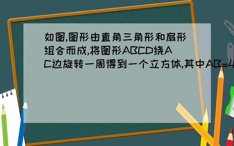 如图,图形由直角三角形和扇形组合而成,将图形ABCD绕AC边旋转一周得到一个立方体,其中AB=4,BD=BC=3,求这个