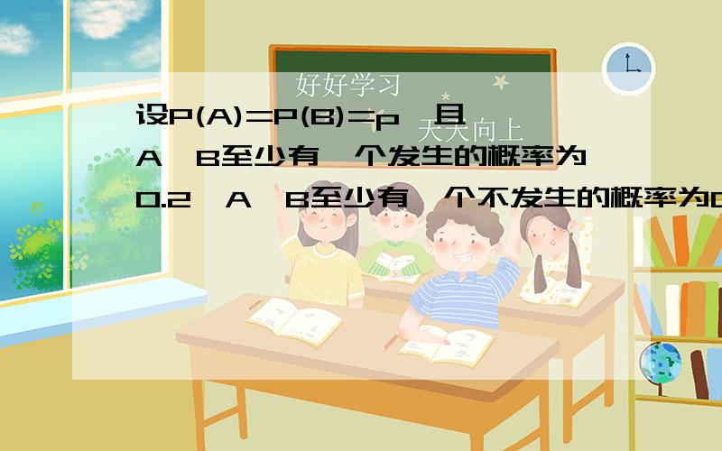 设P(A)=P(B)=p,且A,B至少有一个发生的概率为0.2,A,B至少有一个不发生的概率为0.6,则p=?