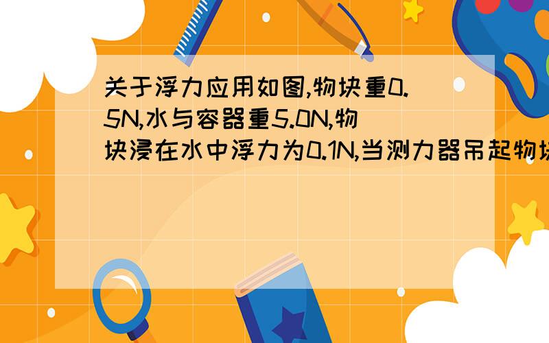 关于浮力应用如图,物块重0.5N,水与容器重5.0N,物块浸在水中浮力为0.1N,当测力器吊起物块和容器里（物块浸在水里