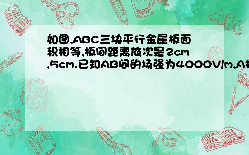 如图,ABC三块平行金属板面积相等,板间距离依次是2cm,5cm.已知AB间的场强为4000V/m,A板带电1.6*10