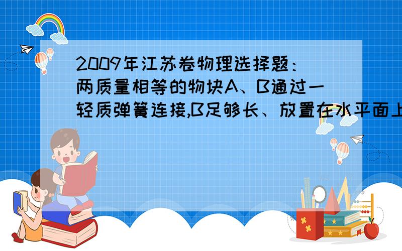 2009年江苏卷物理选择题：两质量相等的物块A、B通过一轻质弹簧连接,B足够长、放置在水平面上,所有接触面均光滑.弹簧开