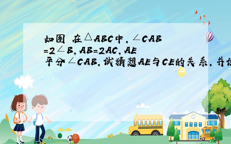 如图 在△ABC中,∠CAB=2∠B,AB=2AC,AE平分∠CAB,试猜想AE与CE的关系,并说明理由.（提示：取AB