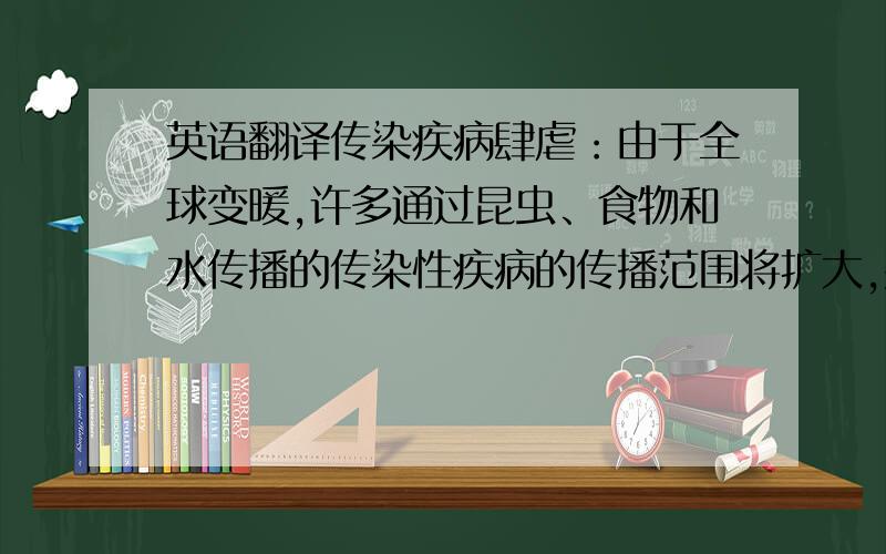 英语翻译传染疾病肆虐：由于全球变暖,许多通过昆虫、食物和水传播的传染性疾病的传播范围将扩大,并对贫困地区的人