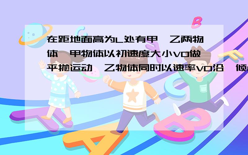 在距地面高为L处有甲、乙两物体,甲物体以初速度大小V0做平抛运动,乙物体同时以速率V0沿一倾角45°的光滑斜面滑下,如果