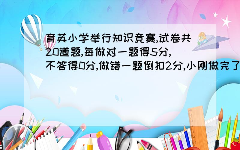 育英小学举行知识竞赛,试卷共20道题,每做对一题得5分,不答得0分,做错一题倒扣2分,小刚做完了所以的题,最后得了79分