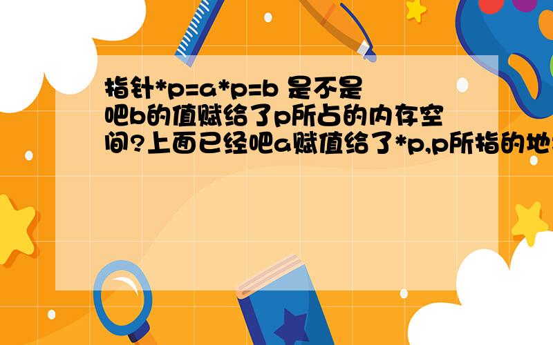 指针*p=a*p=b 是不是吧b的值赋给了p所占的内存空间?上面已经吧a赋值给了*p,p所指的地址是a在内存中第一个元素