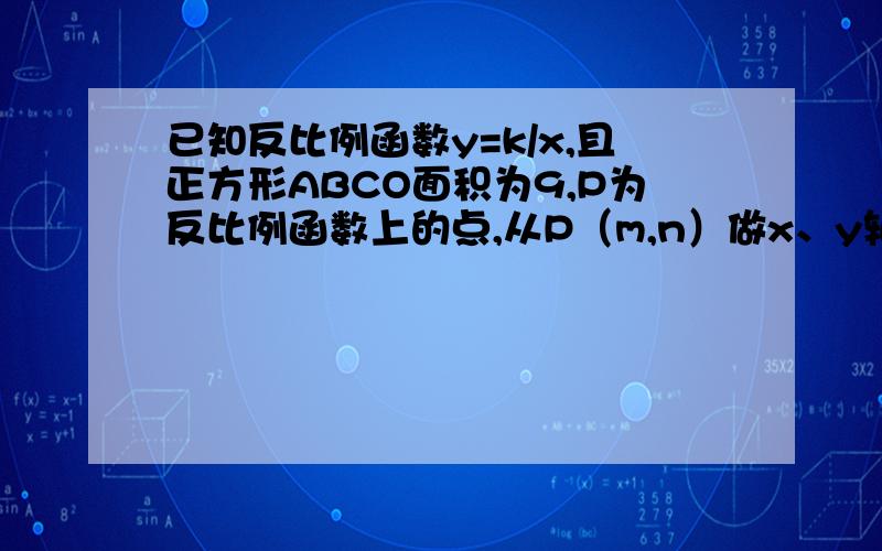 已知反比例函数y=k/x,且正方形ABCO面积为9,P为反比例函数上的点,从P（m,n）做x、y轴的垂线,垂足为E、F,