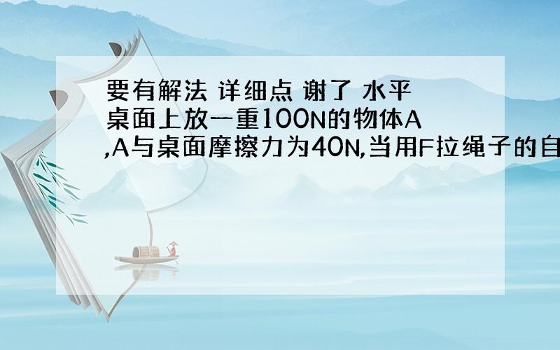 要有解法 详细点 谢了 水平桌面上放一重100N的物体A,A与桌面摩擦力为40N,当用F拉绳子的自由端,使A匀速运动时,