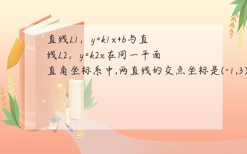 直线L1：y=k1x+b与直线L2：y=k2x在同一平面直角坐标系中,两直线的交点坐标是(-1,3).,则关于x的不等式