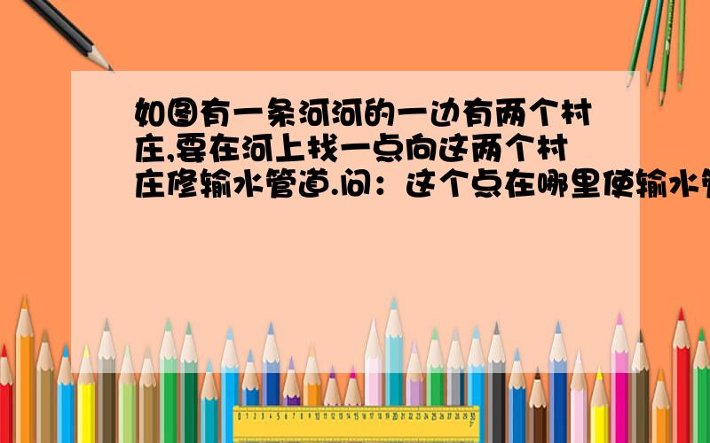 如图有一条河河的一边有两个村庄,要在河上找一点向这两个村庄修输水管道.问：这个点在哪里使输水管道的长度最短?