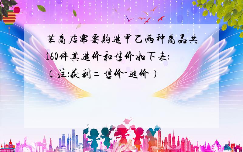 某商店需要购进甲乙两种商品共160件其进价和售价如下表：（注：获利=售价-进价）