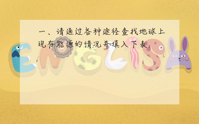 一、请通过各种途径查找地球上现存能源的情况并填入下表：