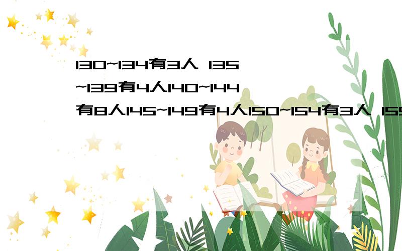 130~134有3人 135~139有4人140~144有8人145~149有4人150~154有3人 155~159有