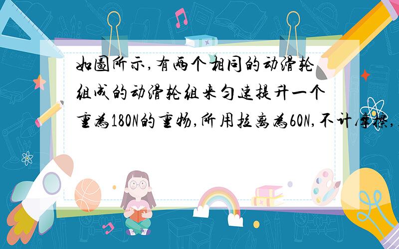 如图所示,有两个相同的动滑轮组成的动滑轮组来匀速提升一个重为180N的重物,所用拉离为60N,不计摩擦,则滑轮组的机械效