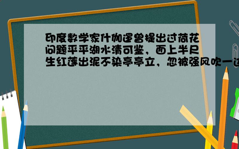 印度数学家什伽逻曾提出过荷花问题平平湖水清可鉴，面上半尺生红莲出泥不染亭亭立，忽被强风吹一边渔人观看忙向前，花离原位二尺