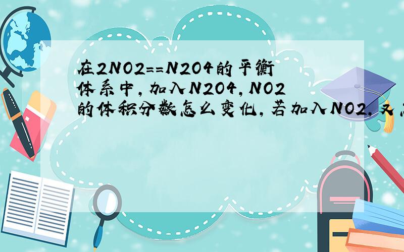 在2NO2==N2O4的平衡体系中,加入N2O4,NO2的体积分数怎么变化,若加入NO2,又怎么变化