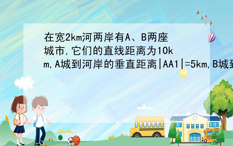 在宽2km河两岸有A、B两座城市,它们的直线距离为10km,A城到河岸的垂直距离|AA1|=5km,B城到河岸的垂直距离